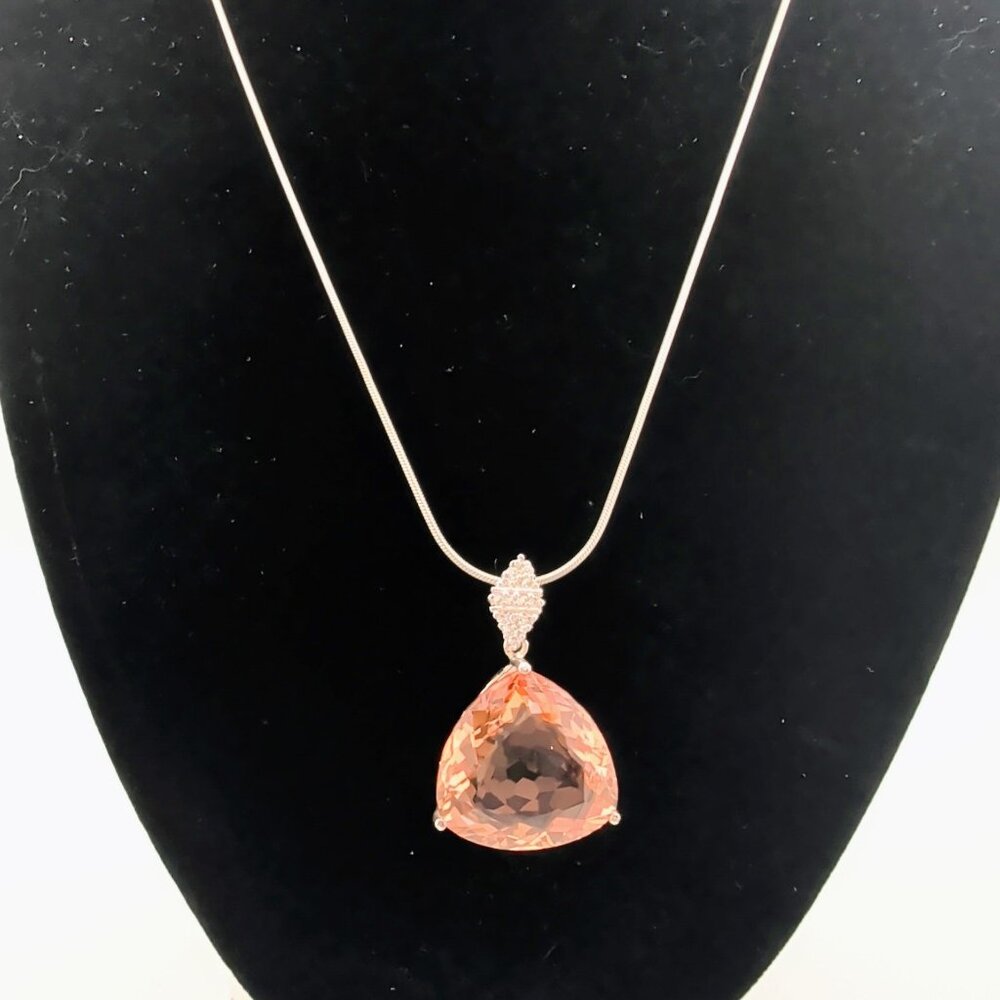 Silver Necklace W/ Champagne Quartz Trilliant Fantasy Cut Pendant